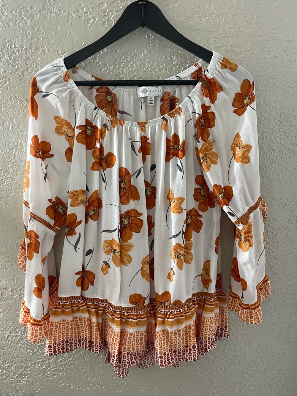 Fever Women's White Peasant Top with Orange Floral Print Medium